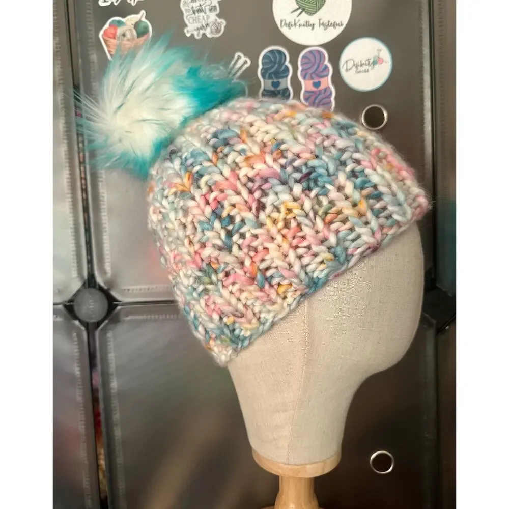Hand Knit Merino Wool Beanie: DefiKnitly Tasteful Knit Hat with Faux Fur Pom